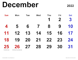 december calendar 2022 with holidays